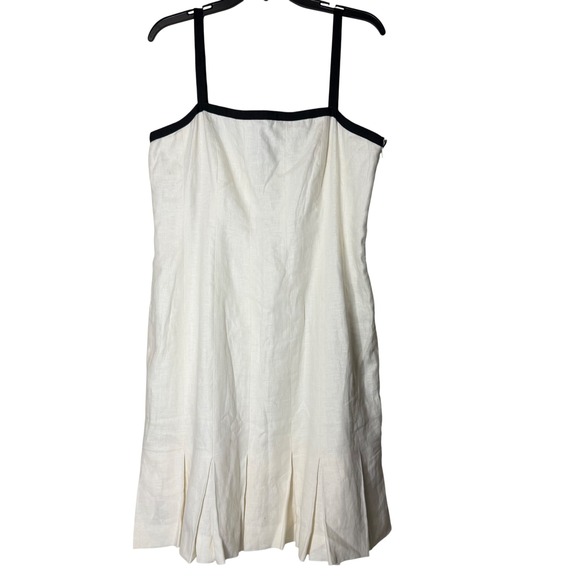 VTG LAUREN Ralph Lauren Dress 14 Cream LinenPleated Midi Mini Preppy Old Money
